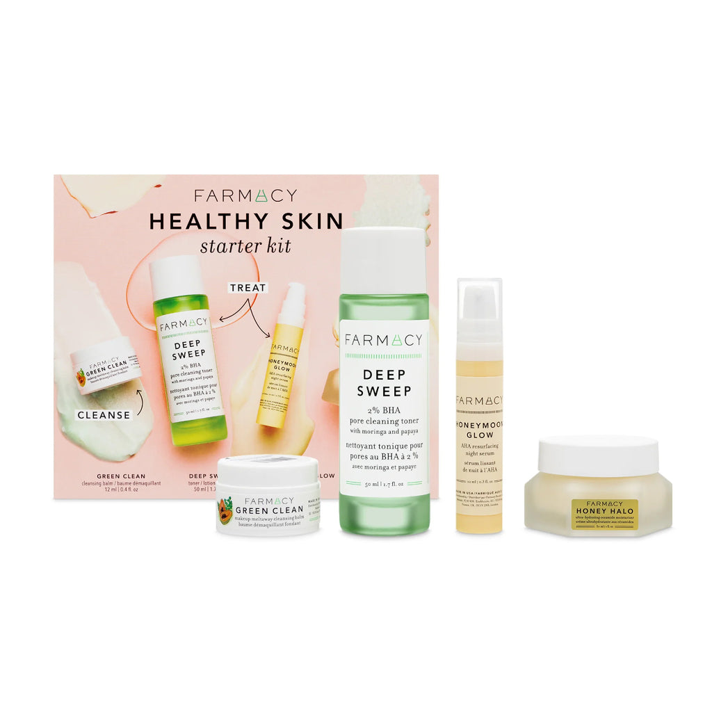 Farmacy Healthy Skin Starter Kit Honeymoon Glow Balm Toner Honey Halo Moisturizer Travel Gift Set Serum