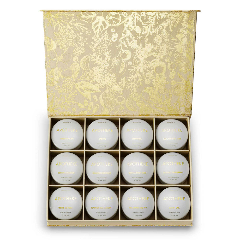 APOTHEKE Seasonal Discovery Mini Scented Candle Tin Set 12 Piece Advent Calendar Holiday Gift Box Fresh Floral Fruity
