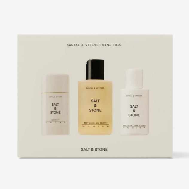 Salt & Stone Mini Trio Kit Travel Gift Set Box Natural Deodorant Body Shower Wash Lotion Bergamot Rose Santal