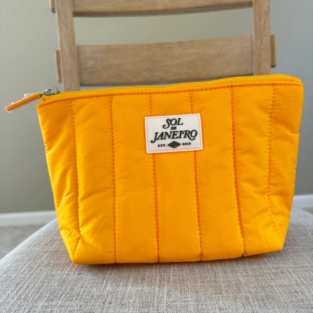 Sol de Janeiro Zipper Cosmetics Gift Toiletries Case Makeup Wash Puffy Quilted Bag Pouch Yellow Travel Organizer Fabric