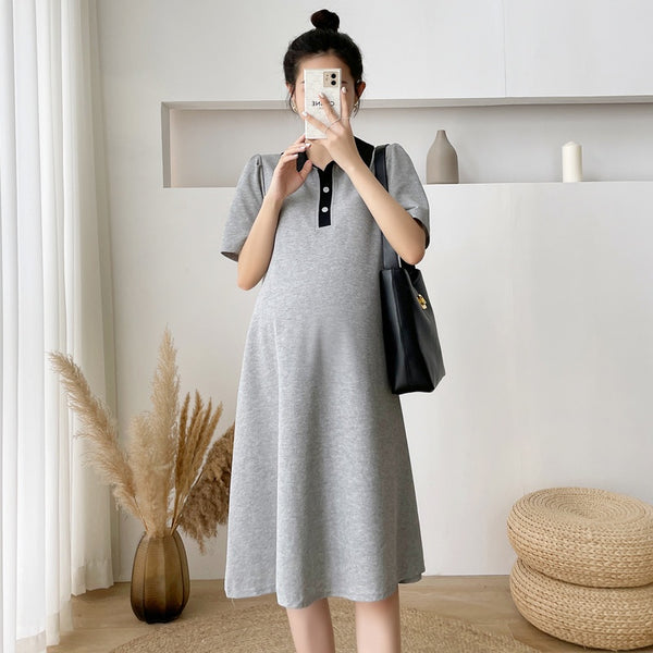 Maternity Dress Grey Black Button XXL Mid-Length V-Neck Loose