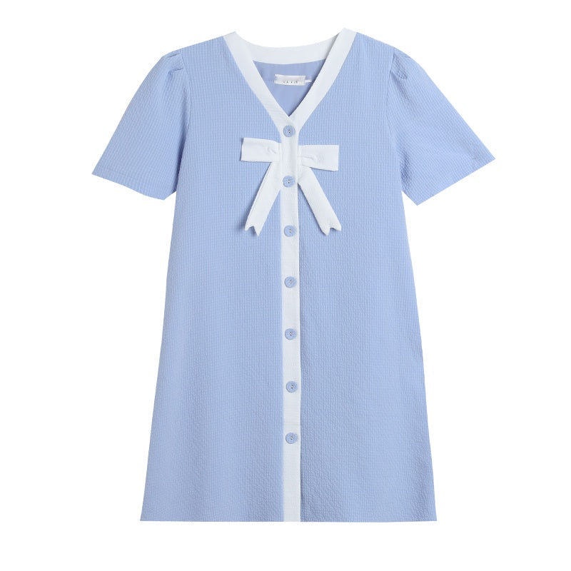 Maternity Dress Blue White Bow Pastel Button XXL Mid-Length V-Neck Loose
