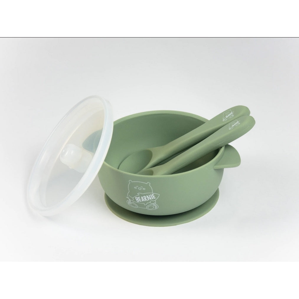 Grow with Bearnie Silicone Bowl Lid Utensils Feeding Set Sage Tableware Green Fork Spoon Baby Kids Toddler Gift Kit