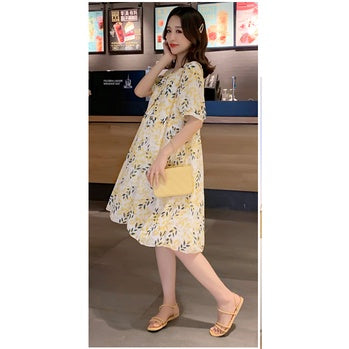 Maternity Dress Yellow M Floral Flowers Leaves Summer V-neck Mid-Length Chiffon Cooling Flowy Loose