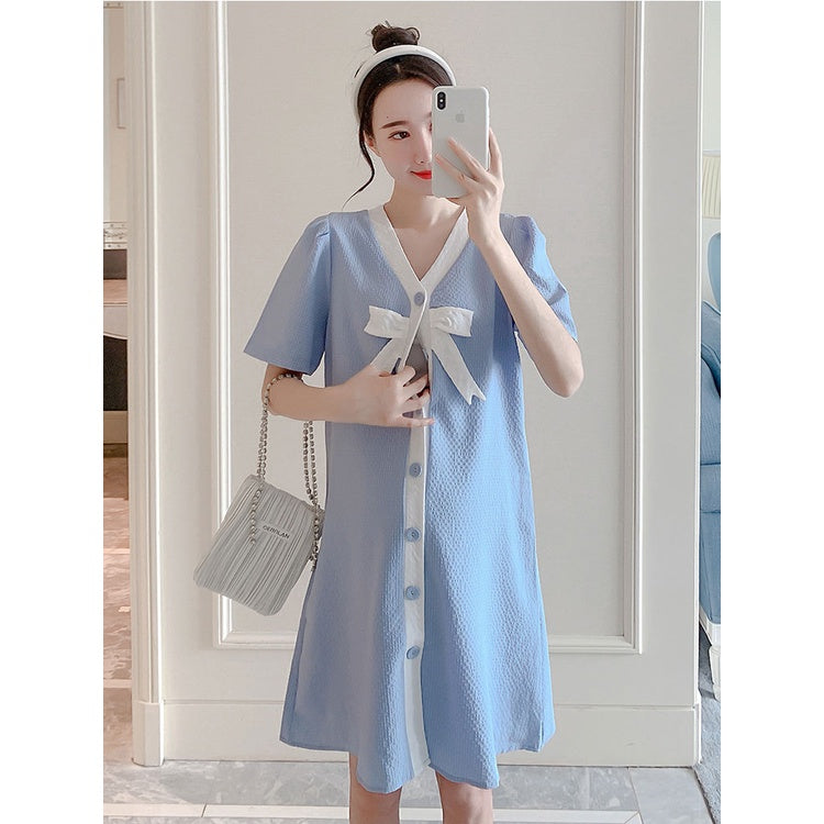 Maternity Dress Blue White Bow Pastel Button XXL Mid-Length V-Neck Loose