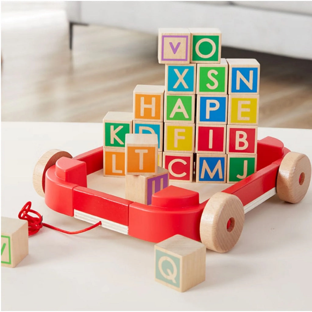 Hape Pull Along Cart Stacking Blocks Wooden Toy Kids Toddlers Gift Box Birthday Educational Alphabet Letters