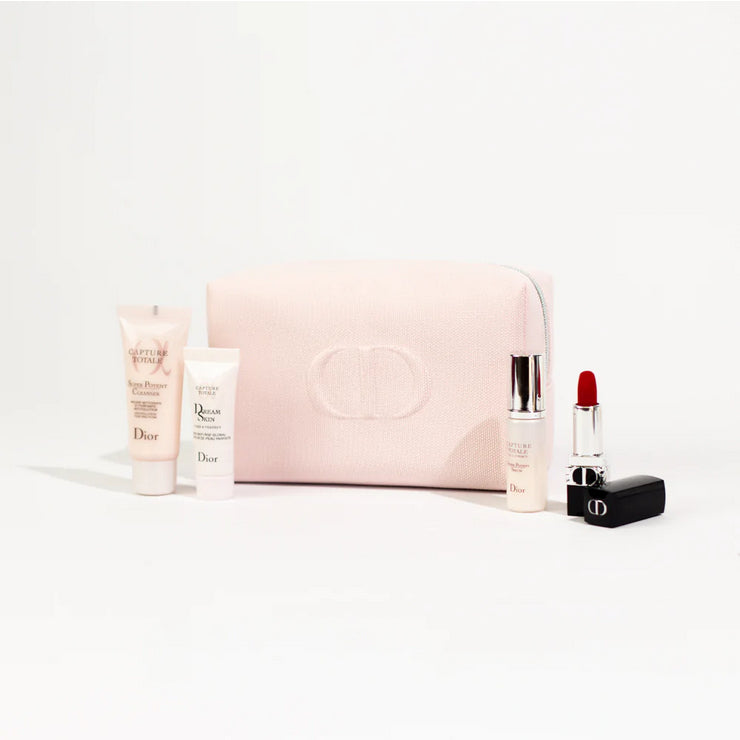 Dior Capture Totale Skincare Set Kit Pouch Travel Gift Cleanser Serum Dreamskin Rouge Lipstick Red Trial Miniatures