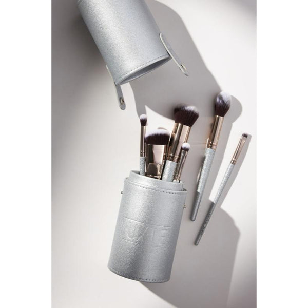 LUXIE Stardust Golden Glow Set Makeup Brush Brushes Holder Kit Silver Foundation Blush Face Flat Blender Travel Gold