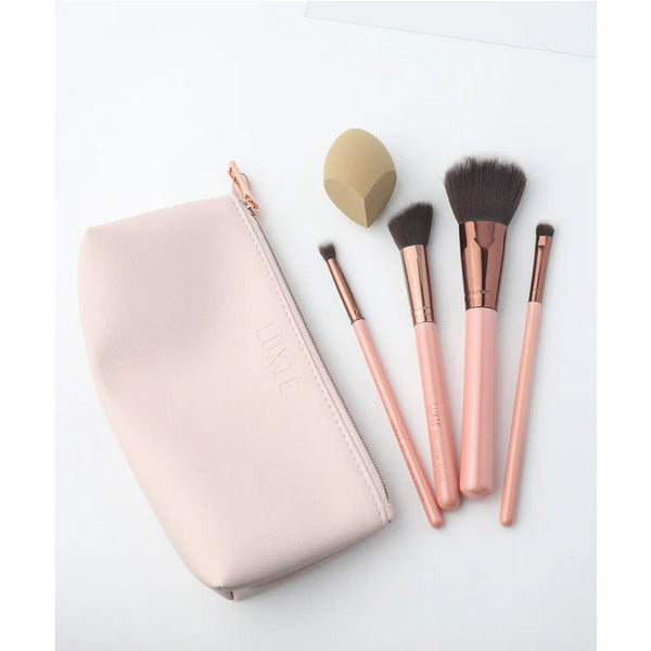 LUXIE Getaway Travel Set Brush Makeup Sponge Foundation Bronzer Powder Face Pouch Kit Brushes Pink