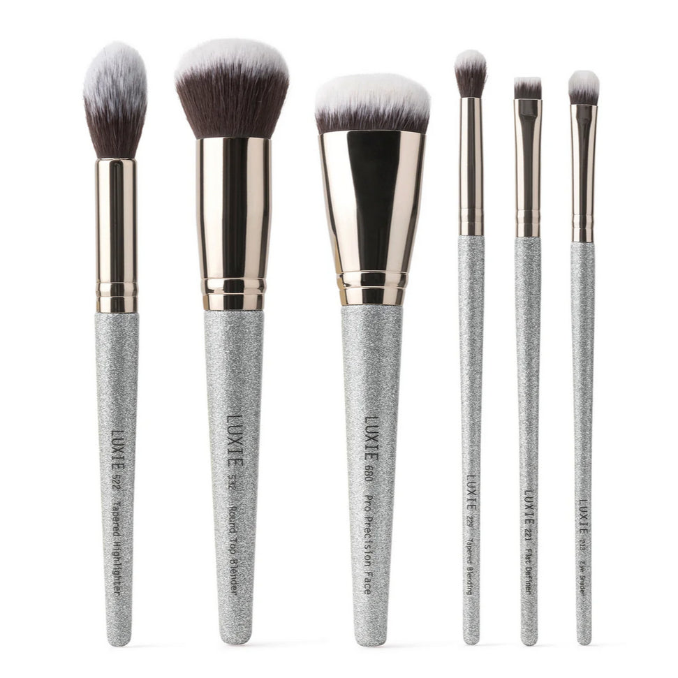 LUXIE Stardust Golden Glow Set Makeup Brush Brushes Holder Kit Silver Foundation Blush Face Flat Blender Travel Gold