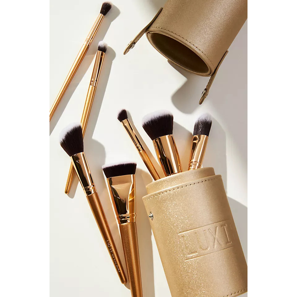 LUXIE Stardust Golden Glow Set Makeup Brush Brushes Holder Kit Silver Foundation Blush Face Flat Blender Travel Gold