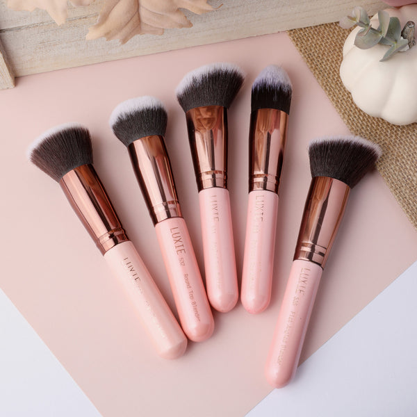 LUXIE Rose Gold 5 Piece Kabuki Brush Set Kit Face Foundation Cream Powder Buff Blender Top