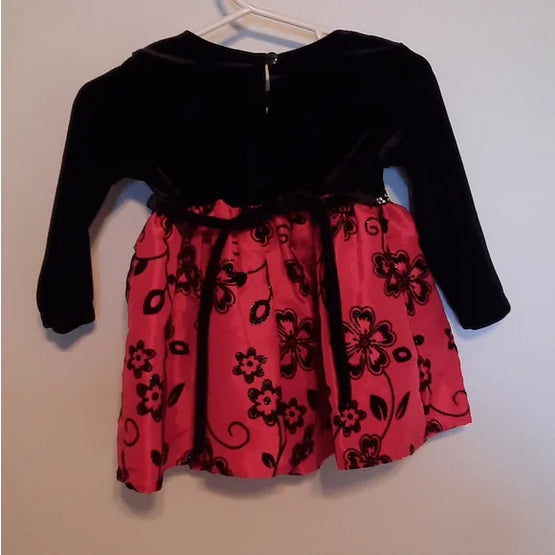Youngland Baby Girl Velvet Floral Dress Red Black Sleeve Formal Party Gift Occasion Dinner Prom Flower Toddler