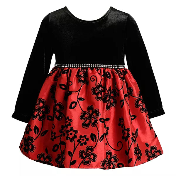 Youngland Baby Girl Velvet Floral Dress Red Black Sleeve Formal Party Gift Occasion Dinner Prom Flower Toddler