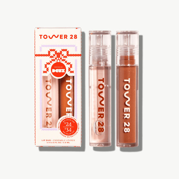 Tower 28 Lip Drip Duo Cookie Butter ShineOn Milky Jelly Gloss Set Chestnut Chill Brown Clear Shimmer Holiday Kit Gift