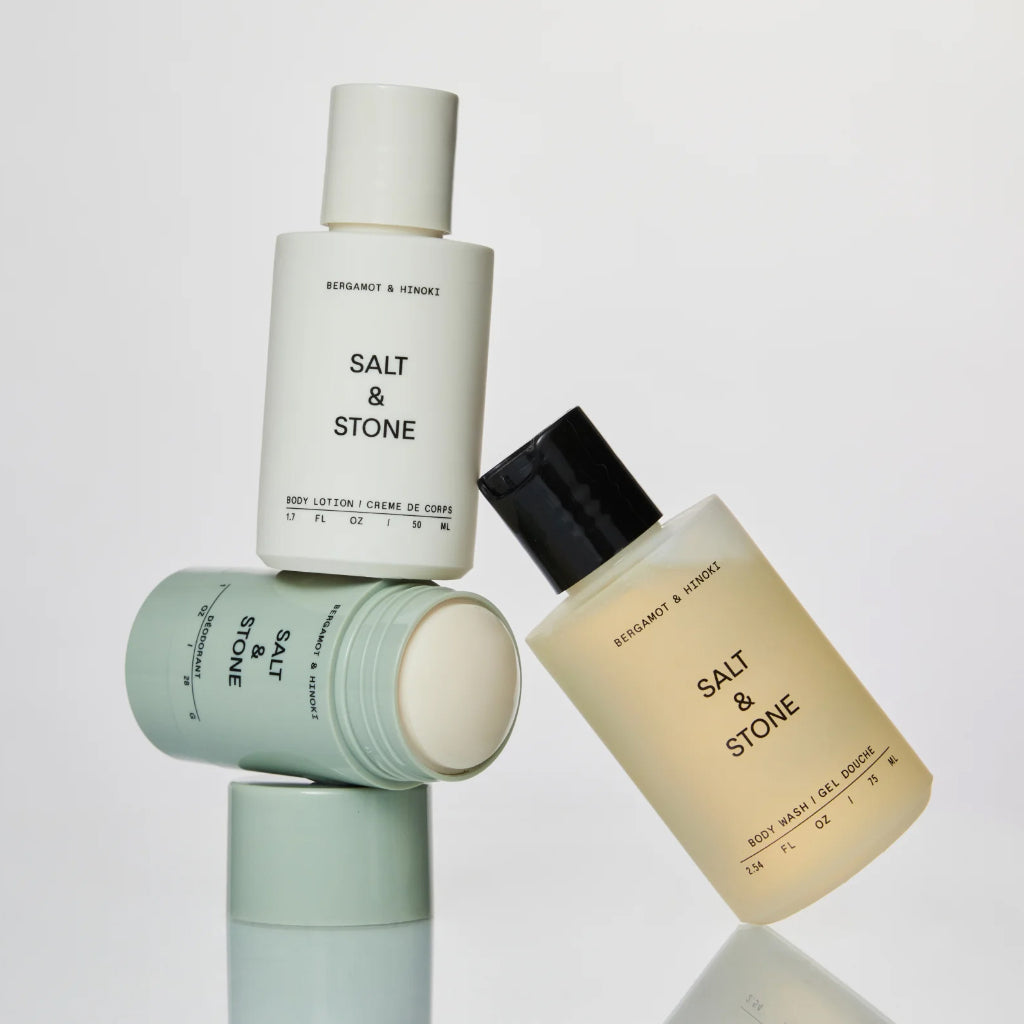 Salt & Stone Mini Trio Kit Travel Gift Set Box Natural Deodorant Body Shower Wash Lotion Bergamot Rose Santal