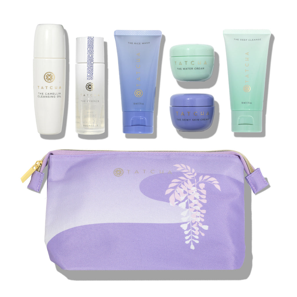Tatcha Mini Favourites Set Cleanser Rice Wash Essence Dewy Water Cream Cleansing Oil Bestseller Travel Kit Gift Pouch
