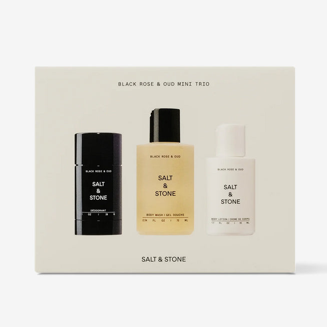 Salt & Stone Mini Trio Kit Travel Gift Set Box Natural Deodorant Body Shower Wash Lotion Bergamot Rose Santal