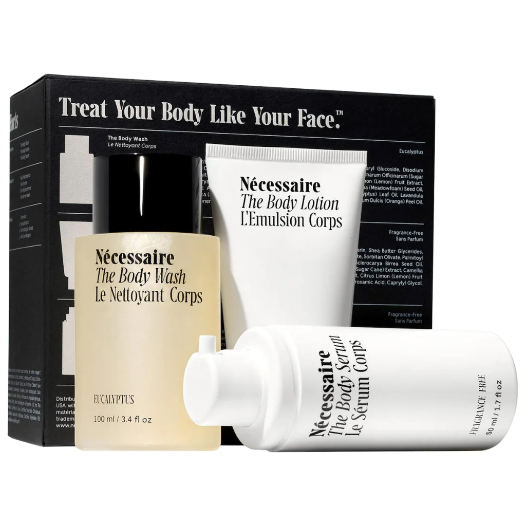 Nécessaire Necessaire Body Essentials Trial Travel Set Kit Body Wash Lotion Serum Niacinamide Eucalyptus Hyaluronic