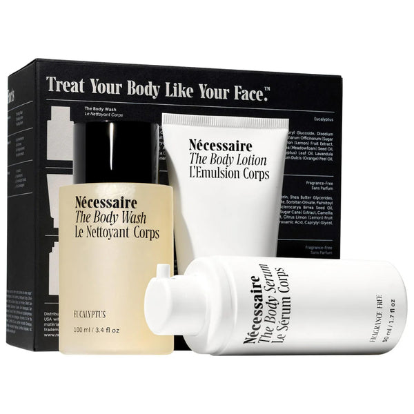 Nécessaire Necessaire Body Essentials Trial Travel Set Kit Body Wash Lotion Serum Niacinamide Eucalyptus Hyaluronic