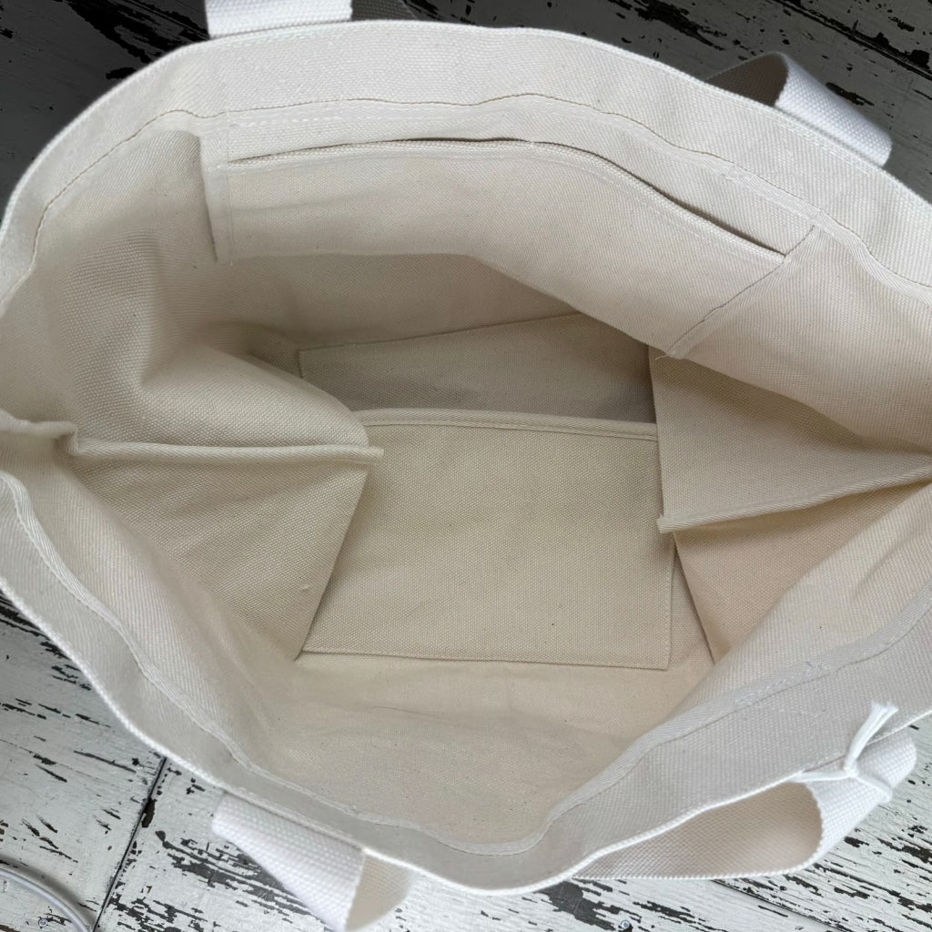 MERIT Everything Bag Canvas Gift Beauty Pockets Washable Shopping Grocery Tote Carryall Beige White Travel Beach Travel