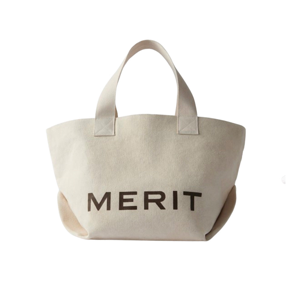 MERIT Everything Bag Canvas Gift Beauty Pockets Washable Shopping Grocery Tote Carryall Beige White Travel Beach Travel