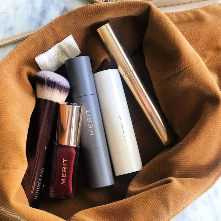 MERIT Tove Signature Makeup Designer Evening Silk Satin Beauty Champagne Chic Bag Tote Pouch Handbag Clutch Limited Snap